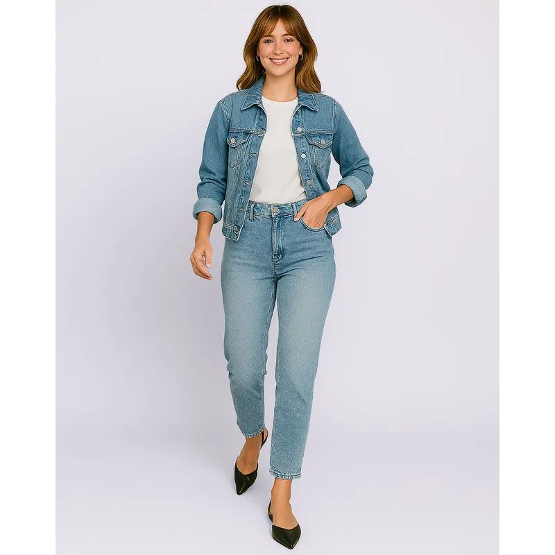 Calça Jeans Feminina Mom com Strass Bolsos Estonada Azul 34