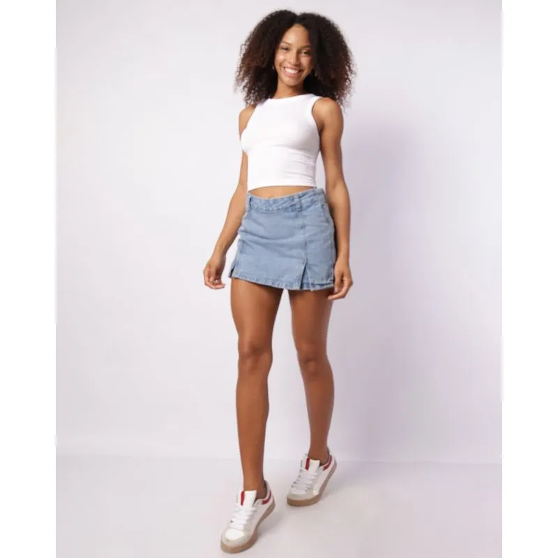 Short Saia Jeans Feminino Curto com Pregas Bolso Embutido Azul 38