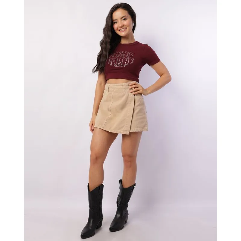 Short Saia Jeans Feminino com Bolsos Bege 44