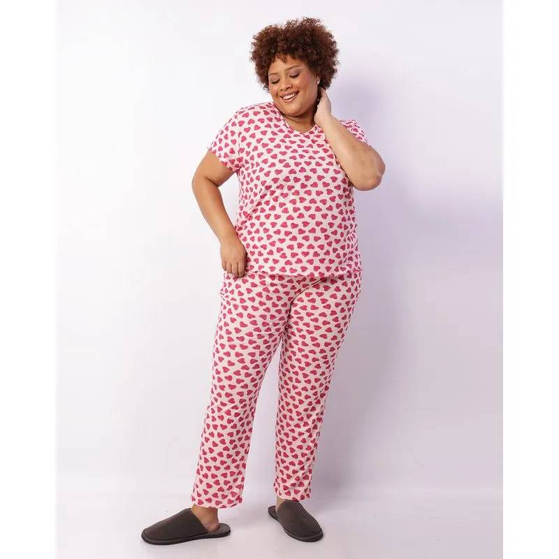 Pijama Plus Size Feminino Longo Canelado Estampado Rosa 50
