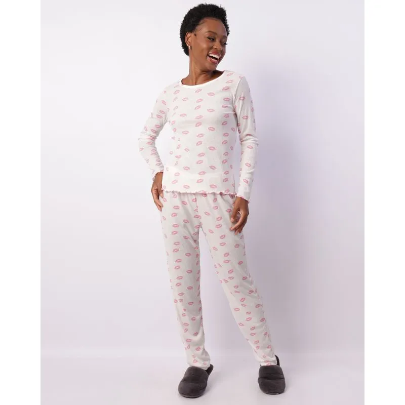 Pijama Feminino Longo Estampa Beijos Off White P