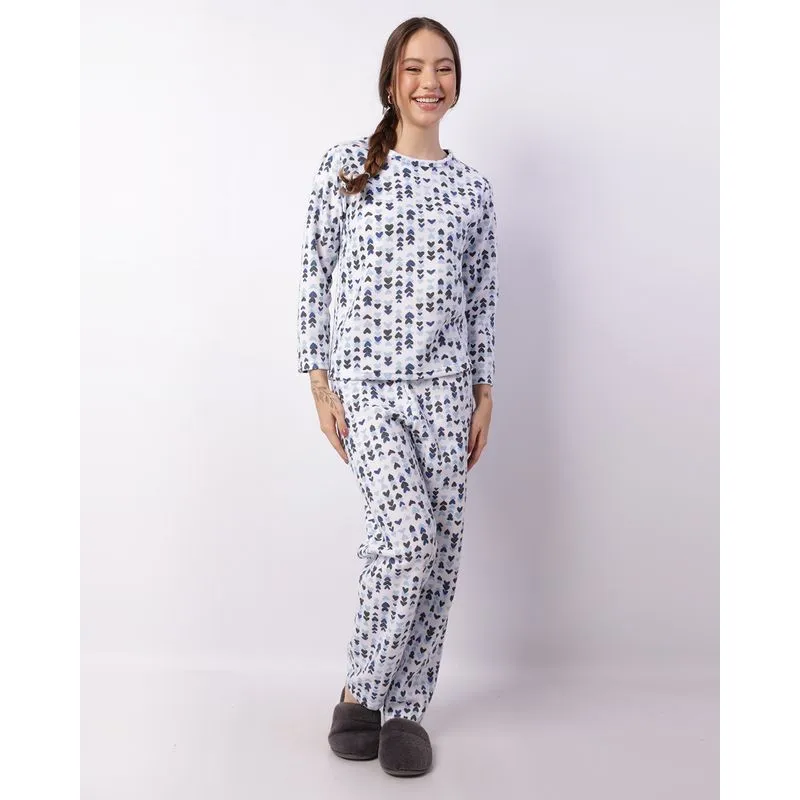 Pijama Feminino Longo Soft Estampado Corações Branco P
