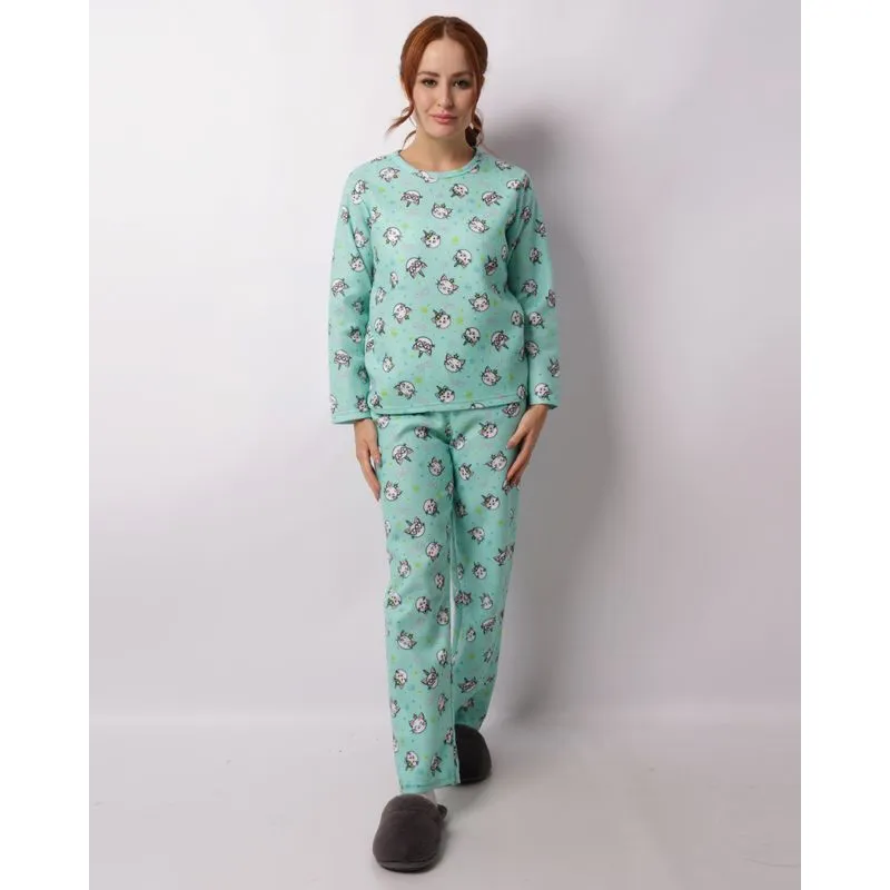 Pijama Feminino Longo Soft Estampado Gatinhos Verde M