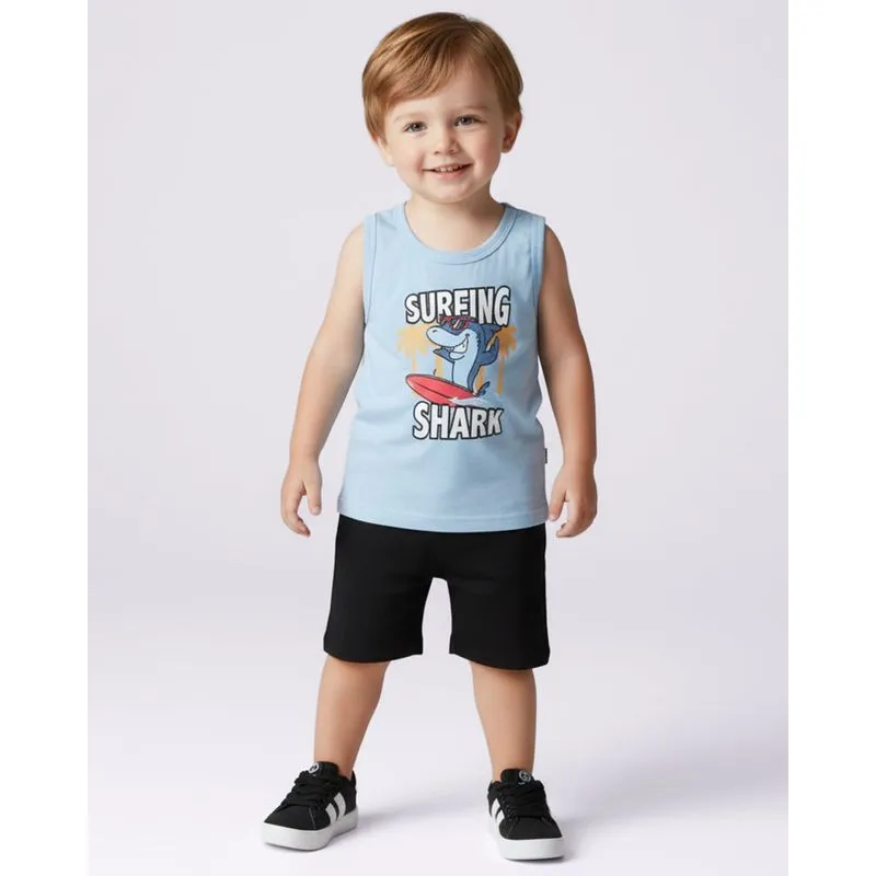 Conjunto Bebê Algodão Regata Estampa Tubarão Surfando Azul 2