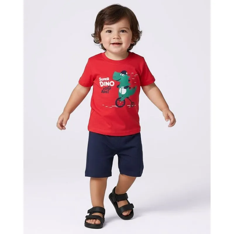 Conjunto Bebê Curto Algodão Estampado Dinossauro Vermelho 2