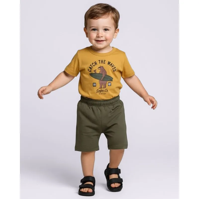 Conjunto Bebê Curto Algodão Estampa Urso Surfista Mostarda 1
