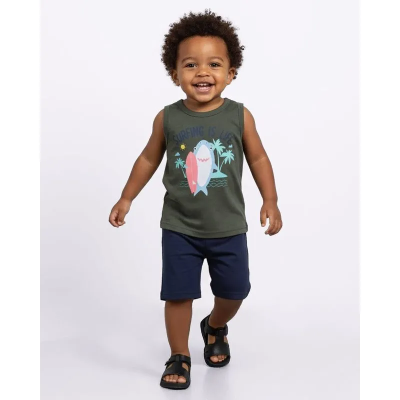 Conjunto Bebê Regata Curto com Estampa Tubarão Surfando Verde 2