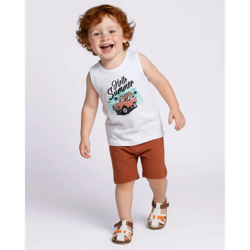 Conjunto Bebê Algodão Regata Estampa Hello Summer Branca 1