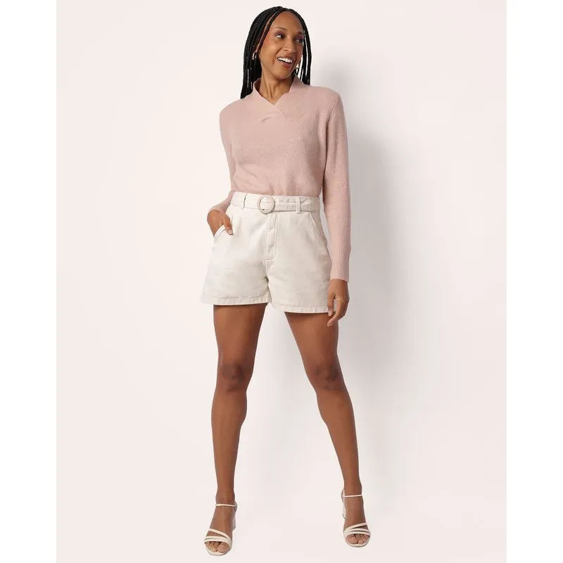 Short Jeans Feminino Evasê com Cinto Palha Bege 42