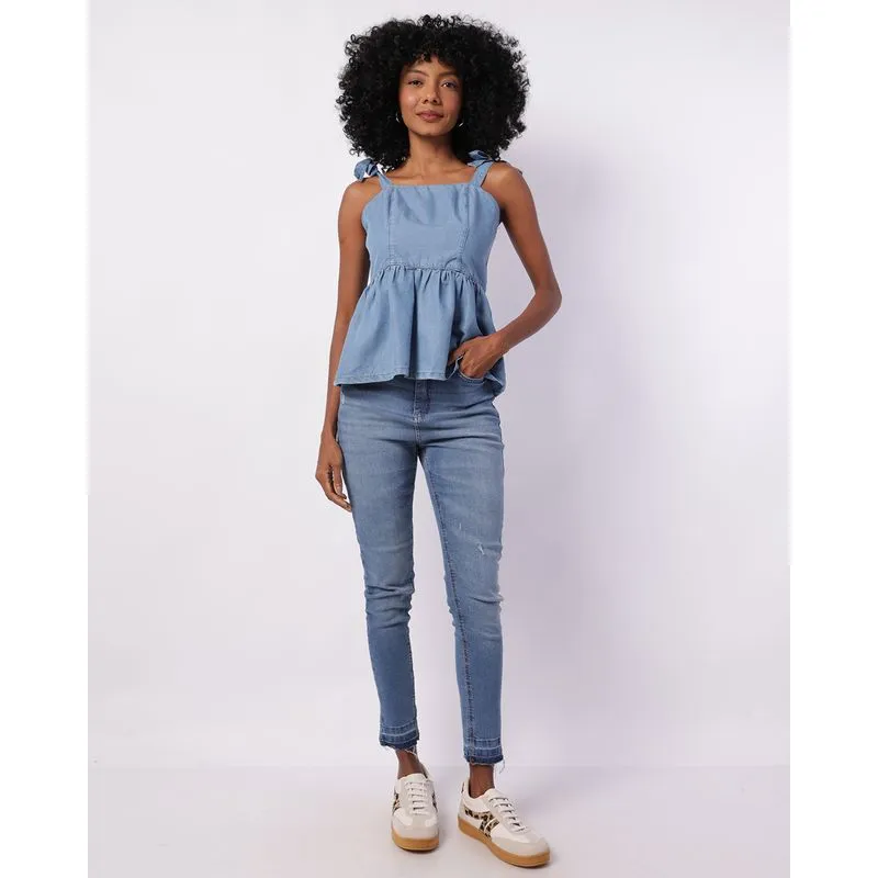 Calça Jeans Feminina Skinny Barra Desfiada com Bolsos Azul 36