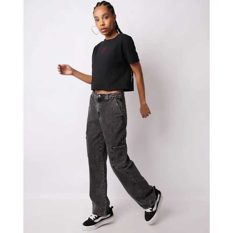 Calça Jeans Feminina Reta Com Bolsos Cargo Preta 40