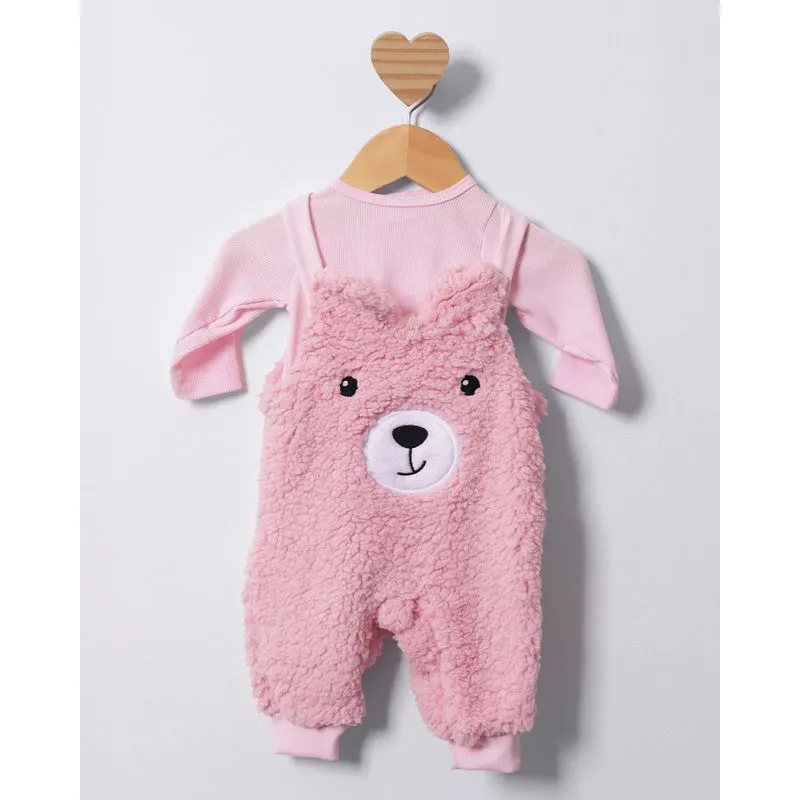 Conjunto Jardineira Bebê Longo Peluciado Urso Bordado Rosa P
