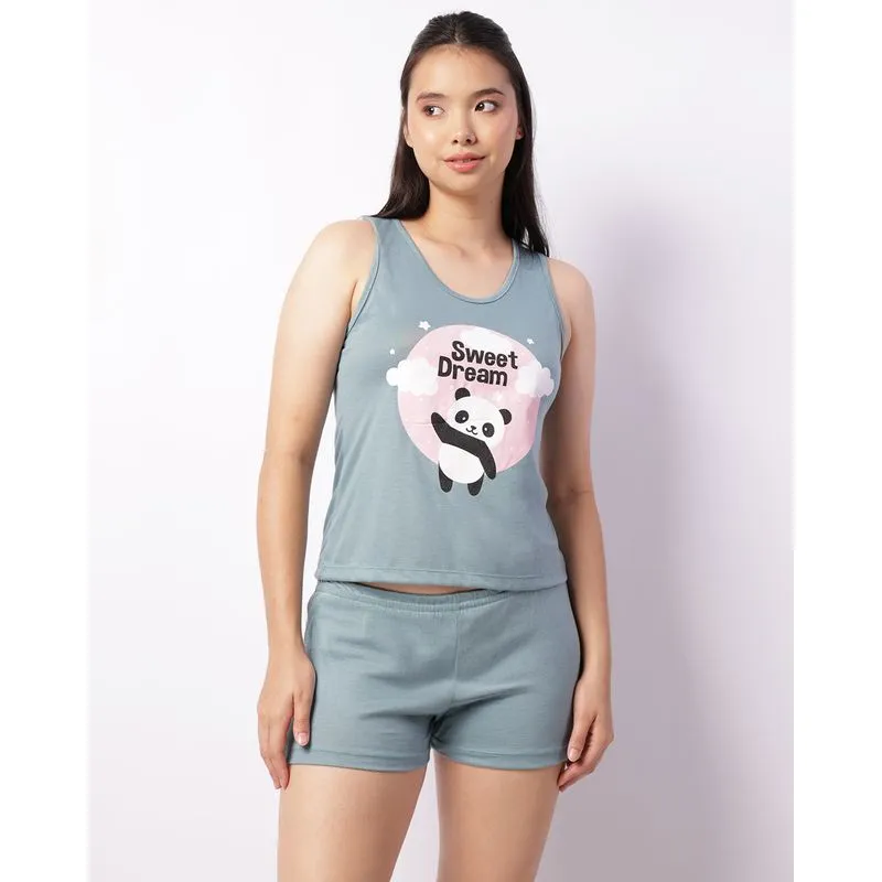 Pijama Feminino Regata Curto Estampa Panda Verde P
