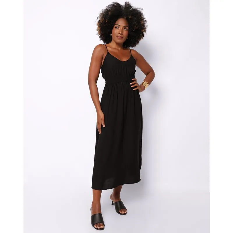Vestido Feminino Berry & Co. Midi Decote V com Alcinha Preto P