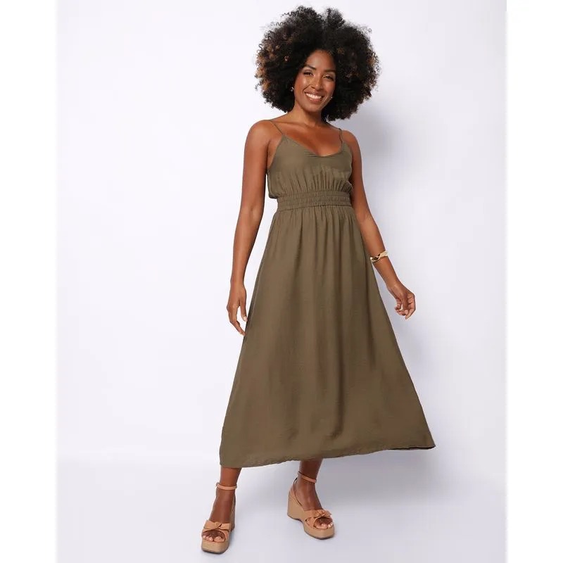 Vestido Feminino Midi Berry & Co. com Decote V Elástico Verde GG