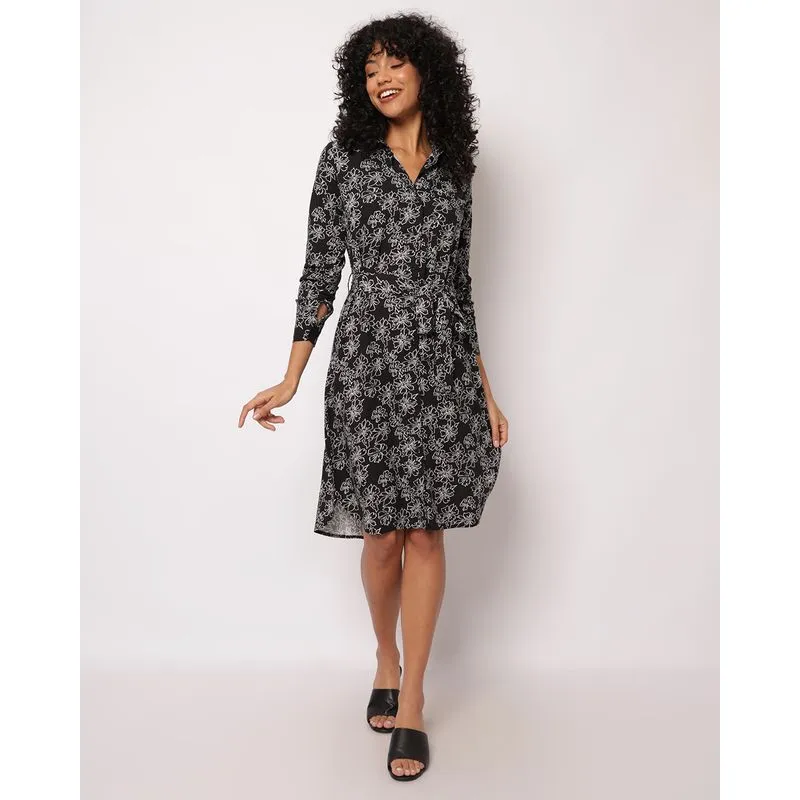 Vestido Feminino Berry & Co. Chemise Manga Longa Estampado Floral Preto M