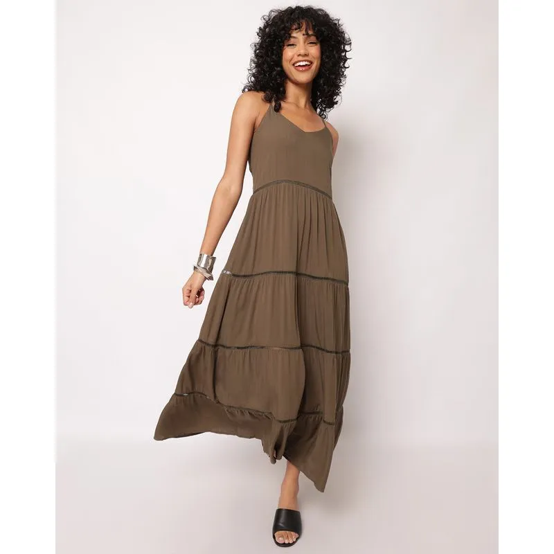 Vestido Feminino Longo Berry & Co. Viscose com Entremeio Palito Verde M