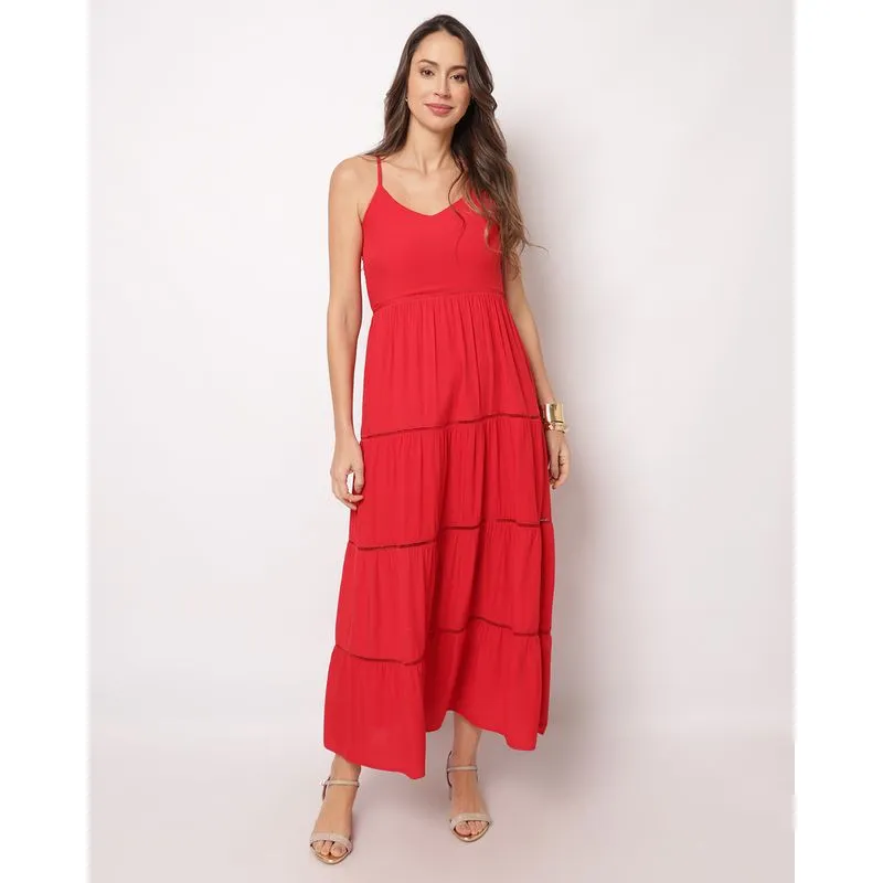 Vestido Feminino Longo Berry & Co.Viscose com Entremeio Palito Vermelho P