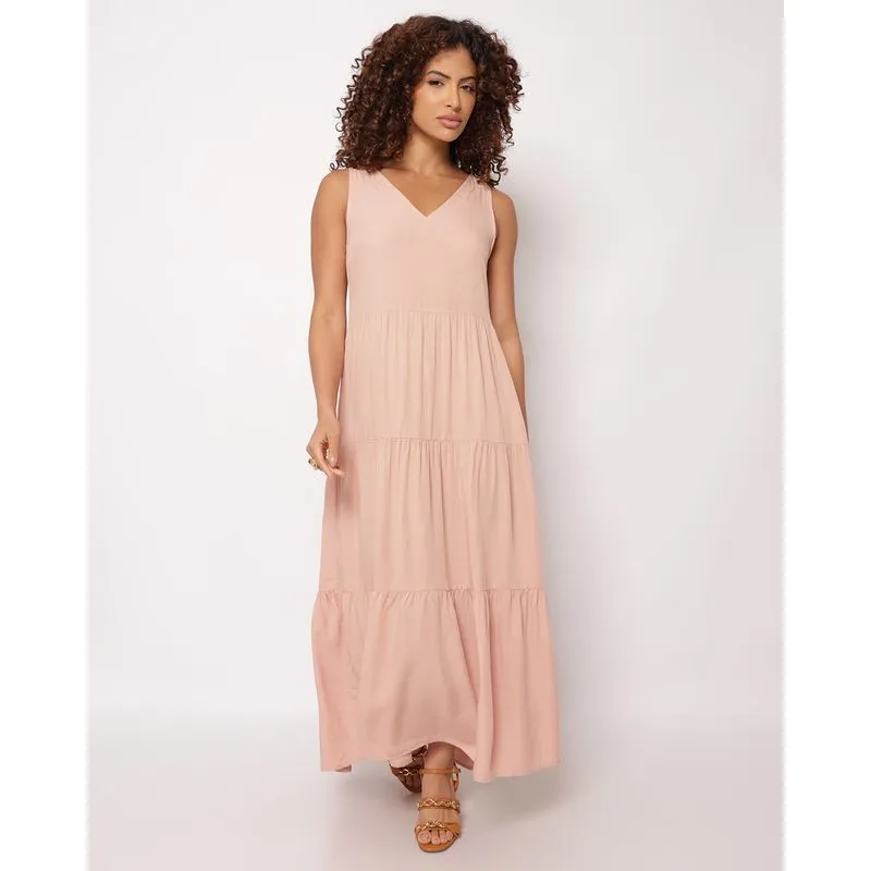 Vestido Feminino Longo Berry & Co.Viscose Três Marias Decote V Rosa GG