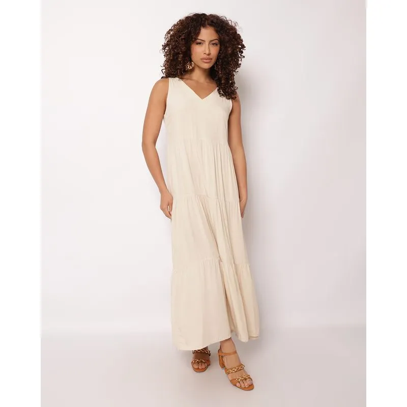 Vestido Feminino Longo Berry & Co. Viscose Três Marias Bege GG