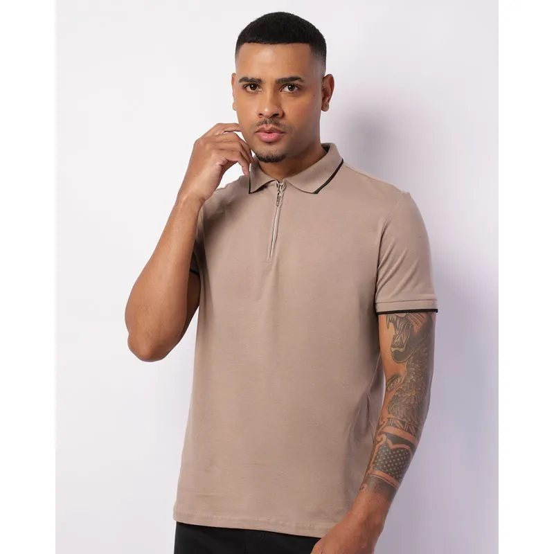 Camisa Polo Masculina Manga Curta com Zíper Bege G