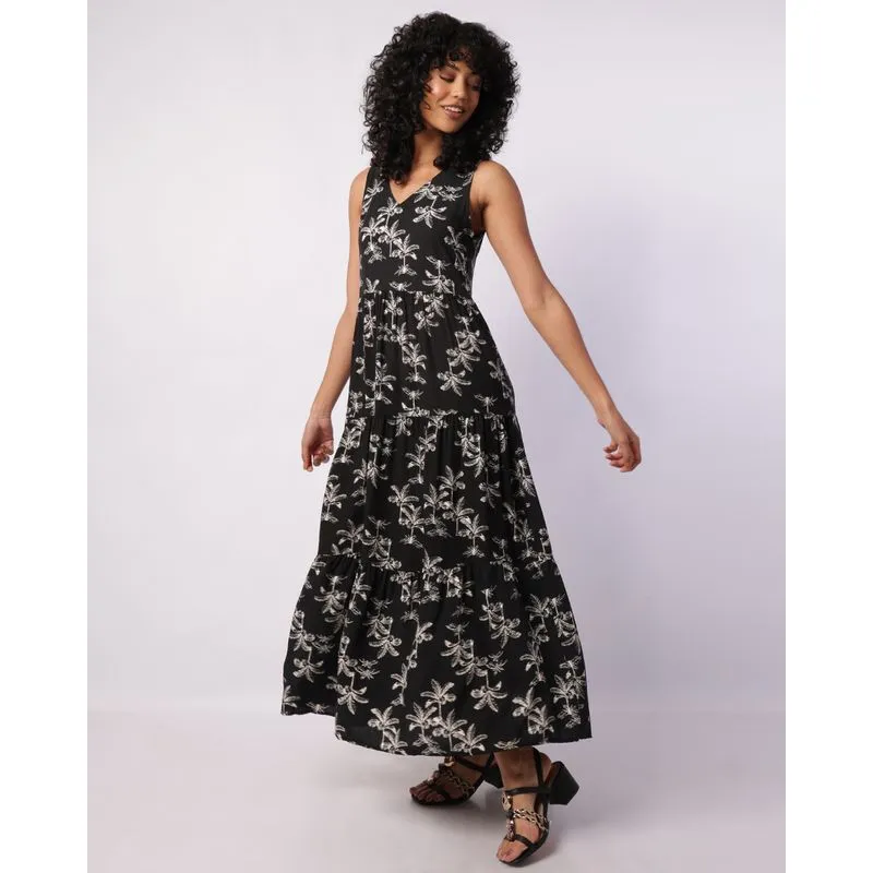 Vestido Feminino Longo Viscose Berry & Co. Estampado Preto GG