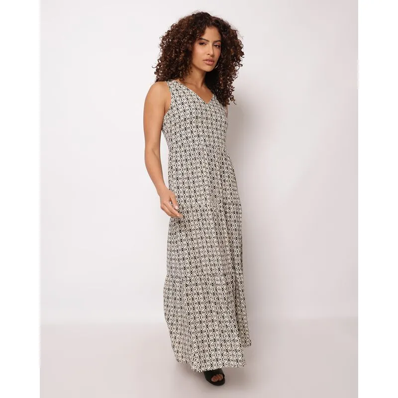 Vestido Feminino Longo Berry & Co. Viscose Três Marias Estampado Bege GG