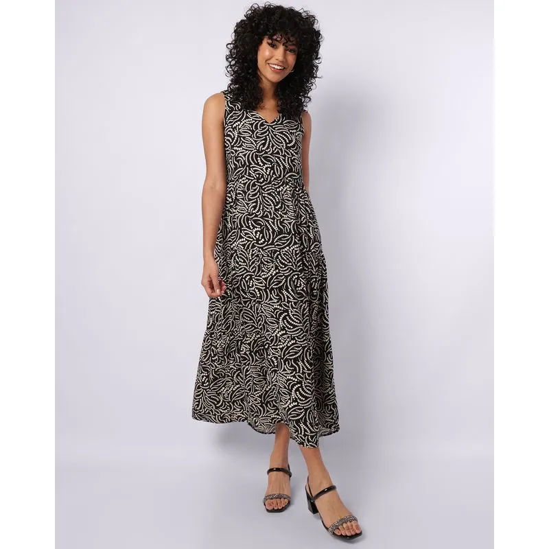 Vestido Feminino Longo Berry & Co.Regata Viscose Estampado Preto G