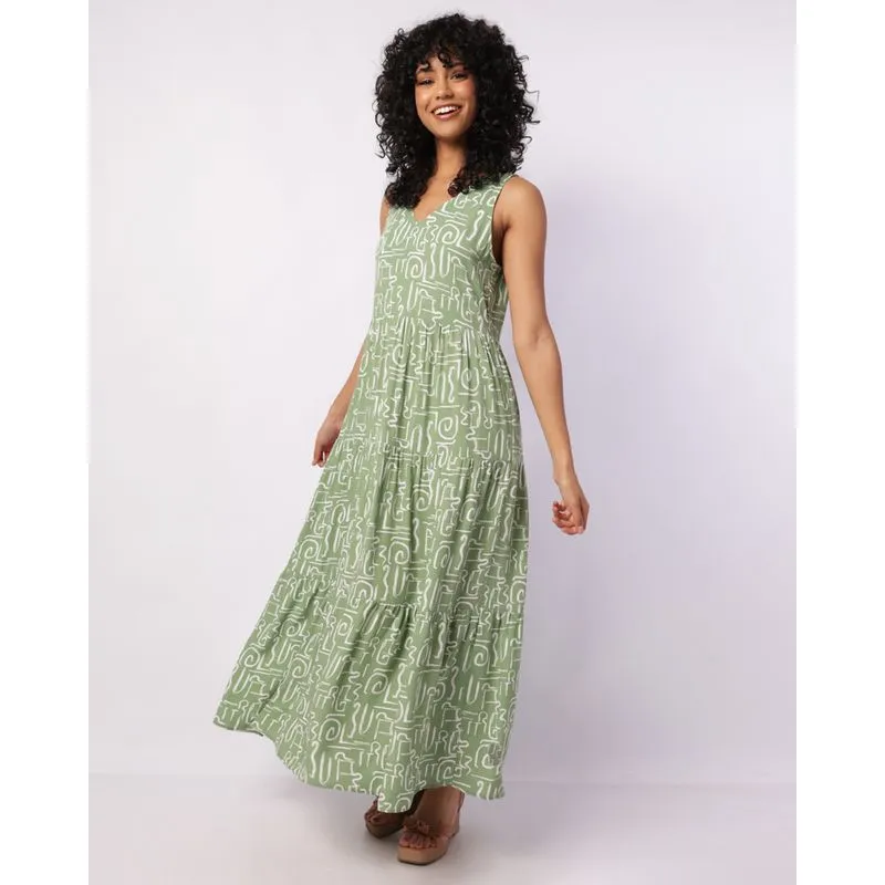 Vestido Feminino Longo Berry & Co. Três Marias Estampado Verde GG