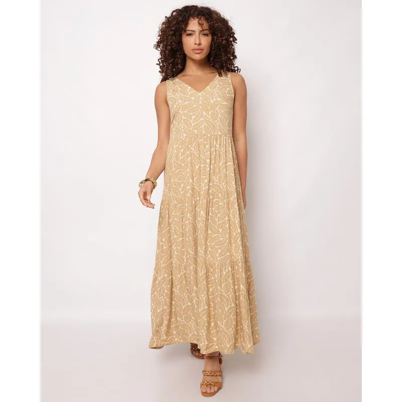 Vestido Feminino Longo Berry & Co. Viscose Três Marias Estampado Bege G