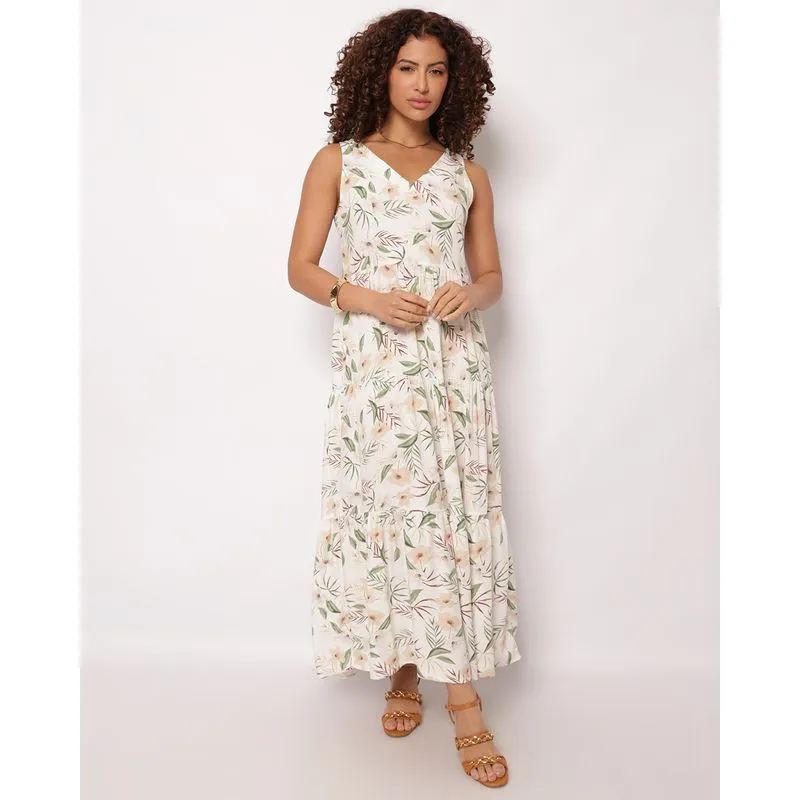 Vestido Feminino Longo Berry & Co. Viscose Três Marias Estampado Off White M