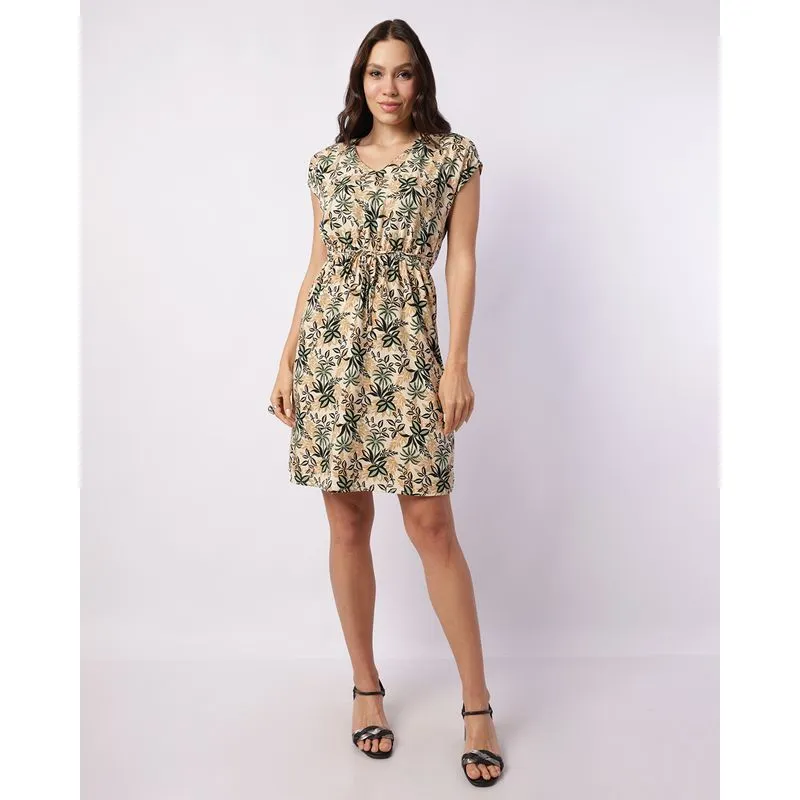 Vestido Feminino Berry & Co. Curto Viscose Amarração Estampado Bege M
