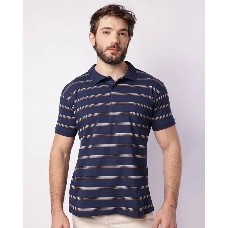Camisa Polo Masculina com Bolso Listrada Marinho M