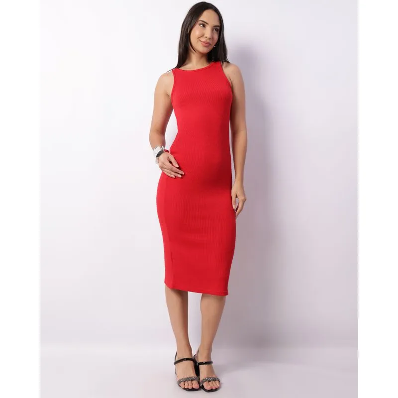 Vestido Feminino Midi Canelado Vermelho P