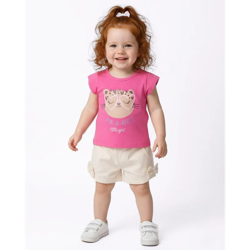 Blusa Bebê Estampa Gatinho com Glitter Manga Curta Rosa 3