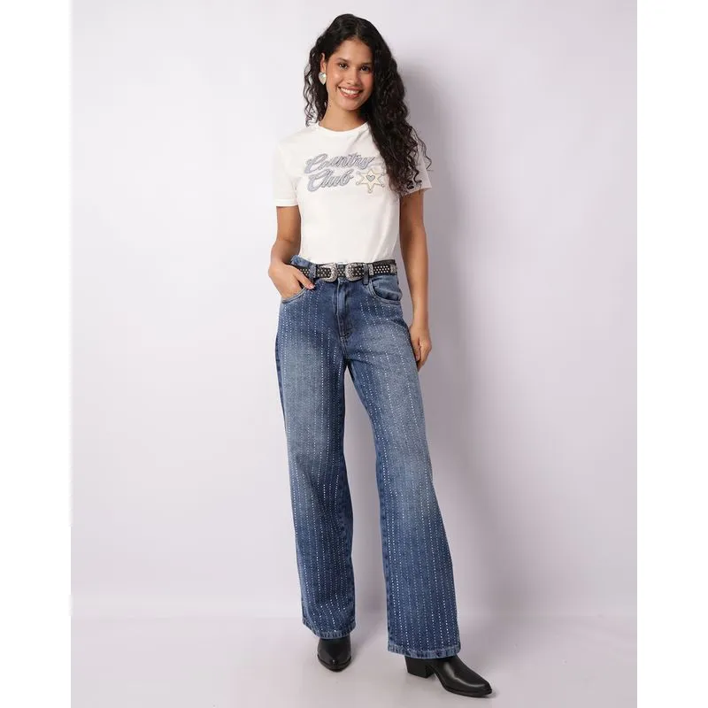Calça Jeans Feminina Wide Leg Com Aplicação Strass Azul 40