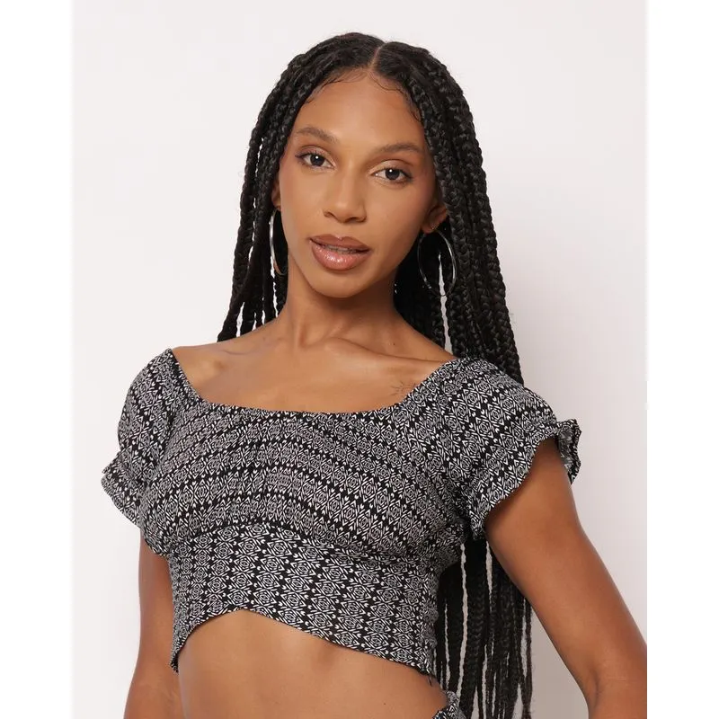 Blusa Feminina Cropped Viscose Estampada Preta P