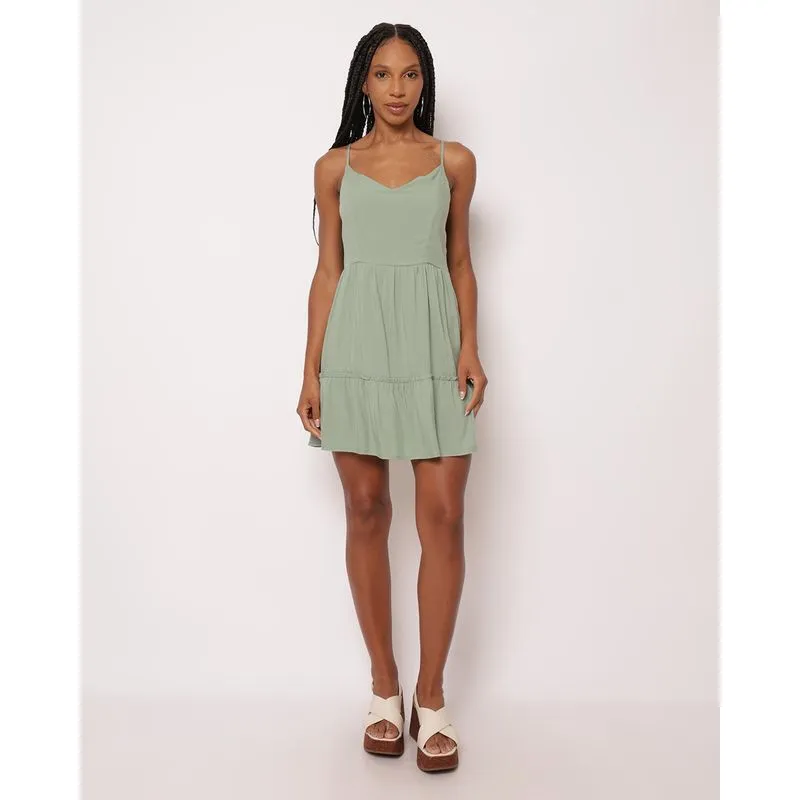 Vestido Feminino Curto Viscose Decote V com Babado Verde G