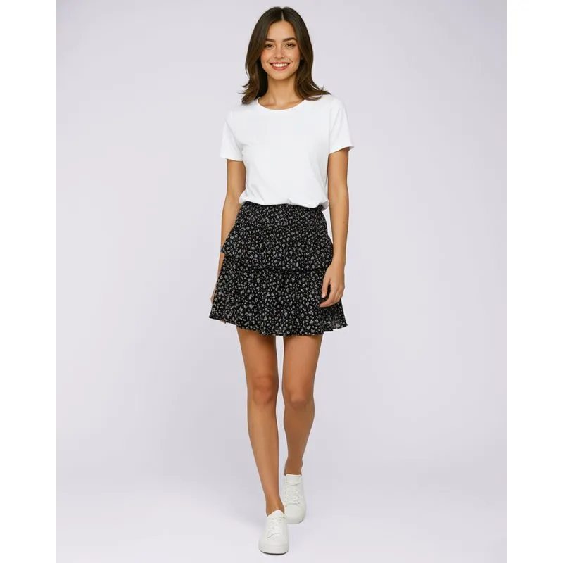 Saia Feminina Curta Viscose Babado Estampada Preta PP