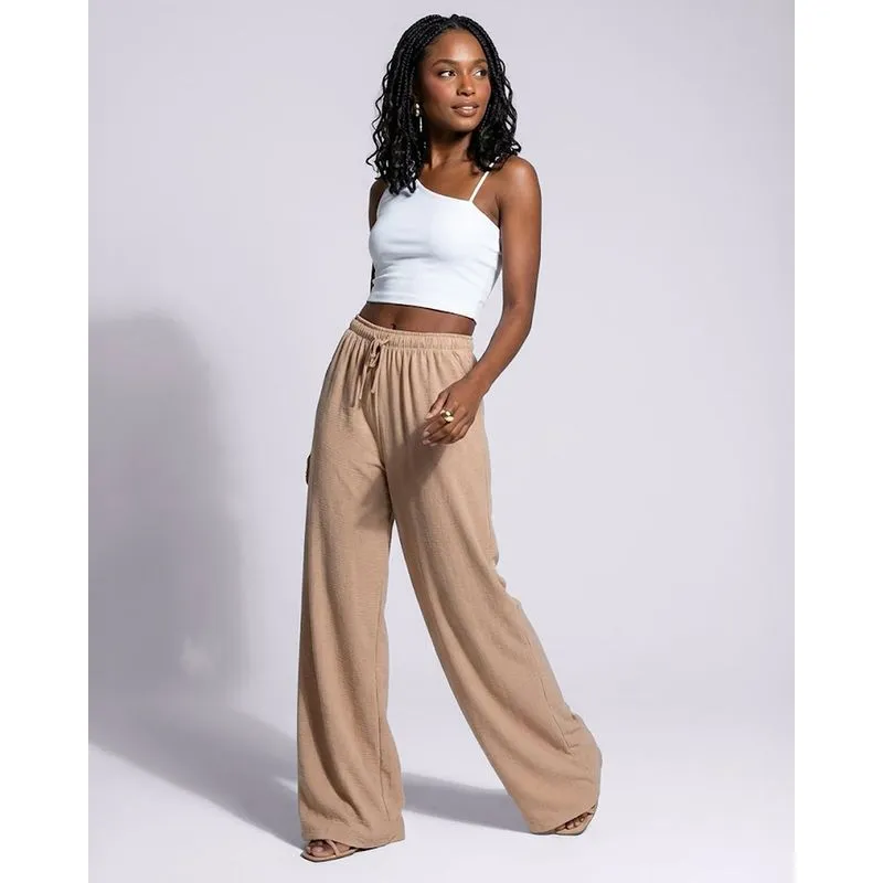 Calça Feminina Reta Viscolinho com Bolsos Bege G