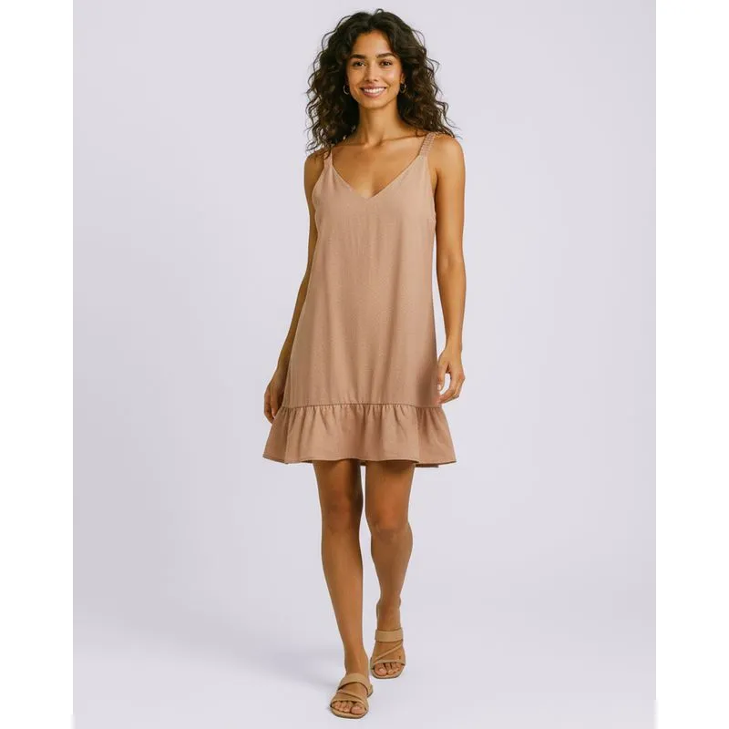 Vestido Feminino Linho Midi Babado Bege GG