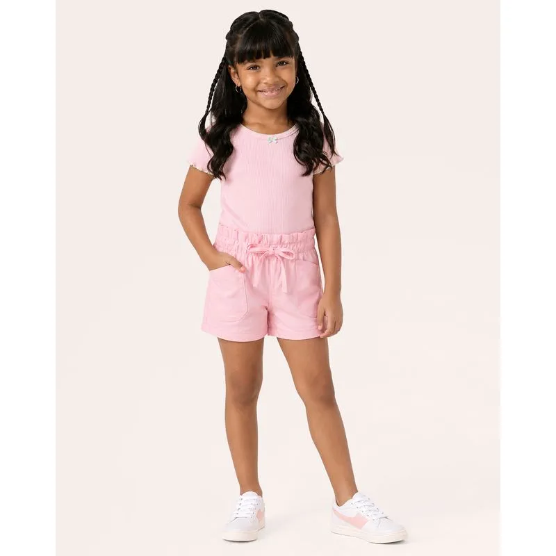 Short Sarja Infantil Paper Bag com Bolsos Rosa 6