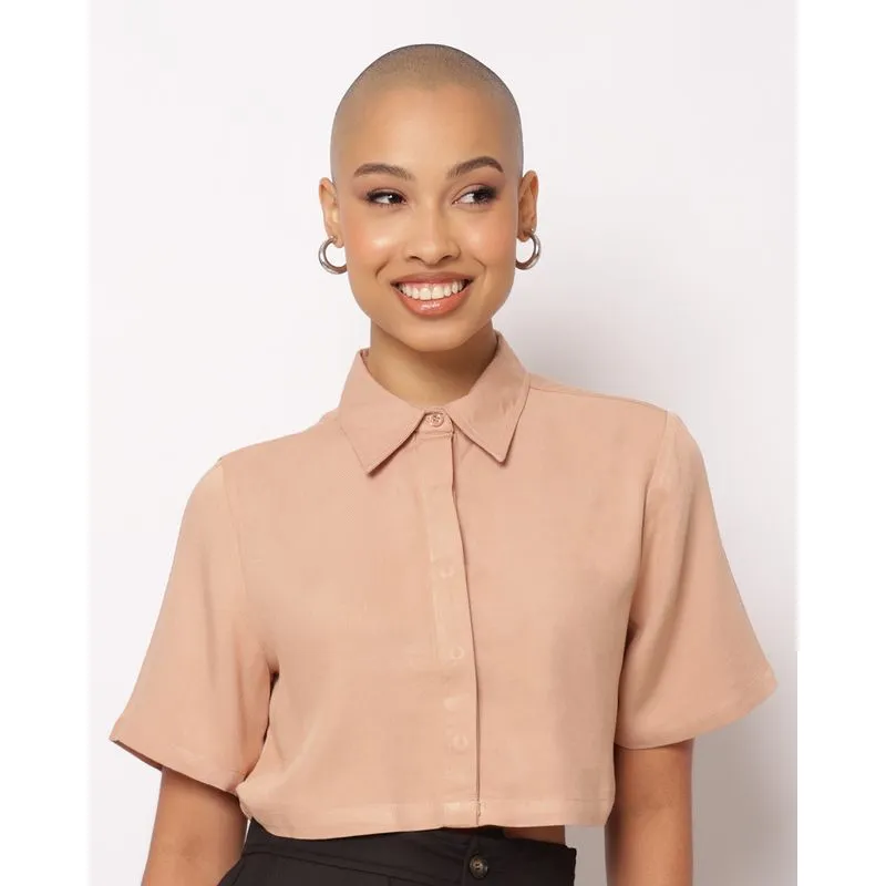 Camisa Feminina Cropped Viscose Manga Curta Bege G