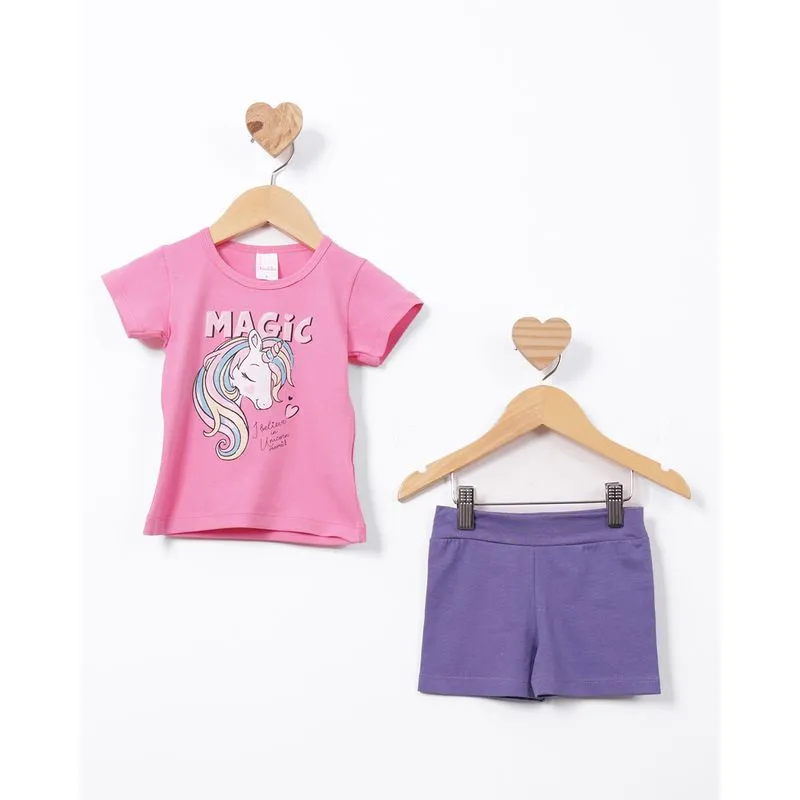 Conjunto Bebê Curto Estampa Unicórnio Manga Curta Rosa 3