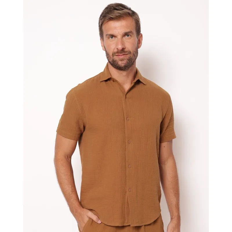 Camisa Masculina Algodão Texturizado com Botões Bege GG