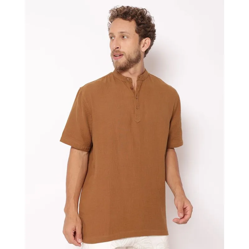 Bata Masculina Algodão Texturizada Manga Curta Marrom GG