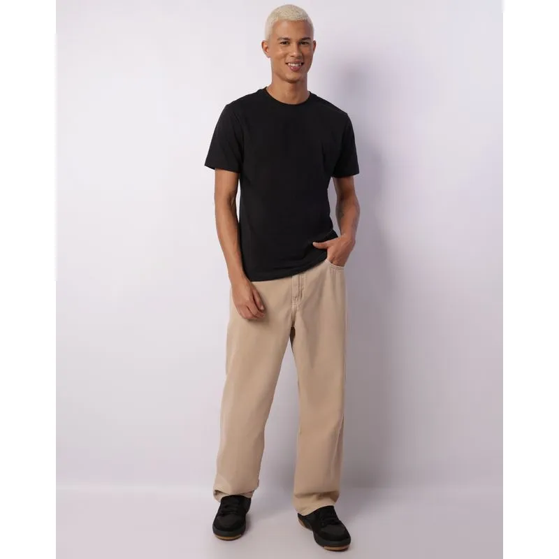 Calça Masculina Sarja Reta Com Cinto Bolsos Bege 38