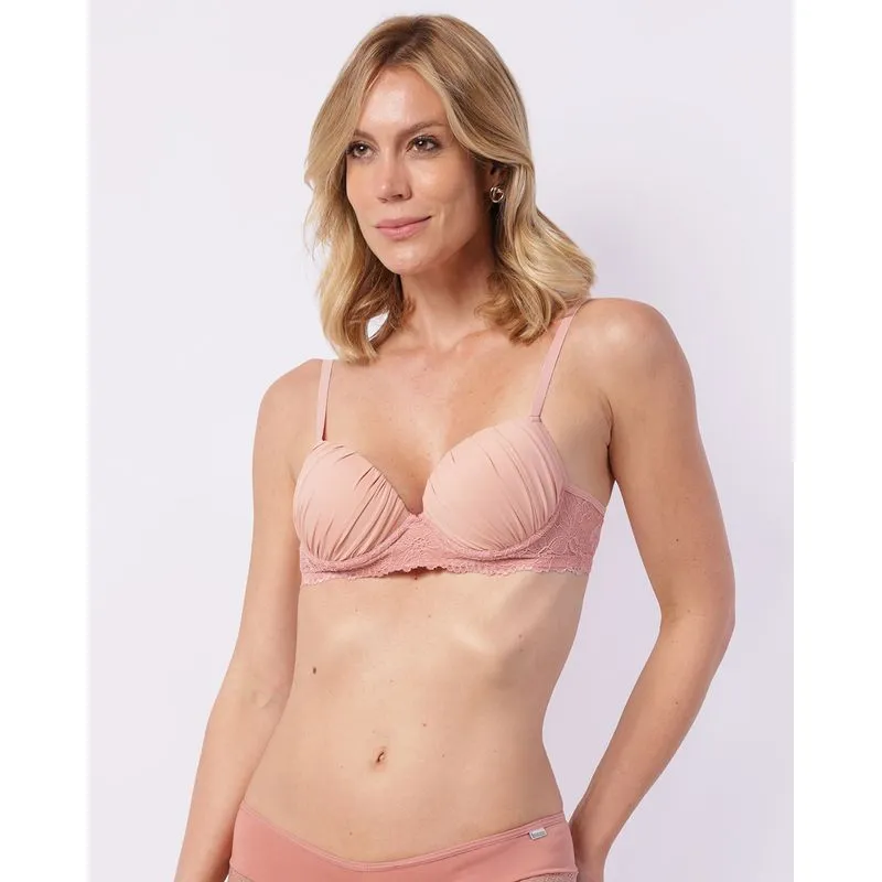 Sutiã Feminino com Base Bojo Drapeado Renda Rosa 44
