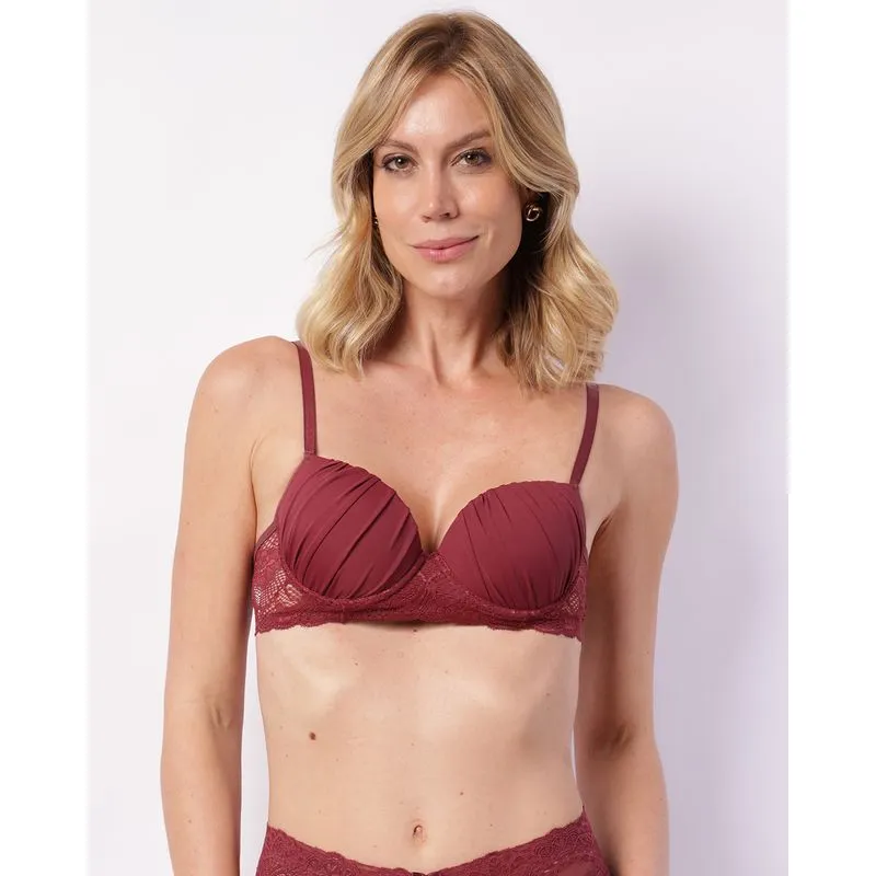 Sutiã Feminino com Base Bojo Drapeado Renda Vinho 42
