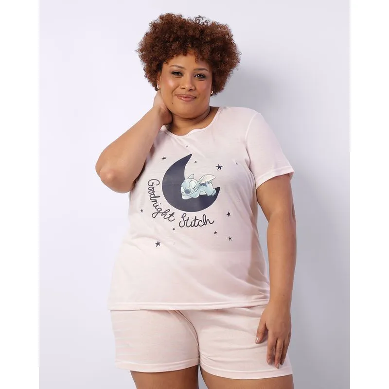 Pijama Plus Size Feminino Curto Disney Stitch Rosa 48
